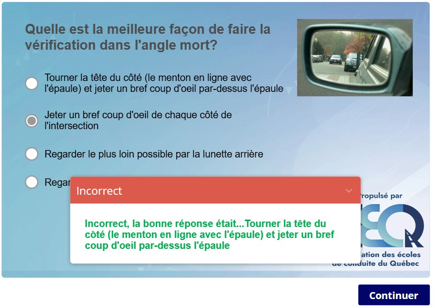 Exemple de correction après une mauvaise réponse