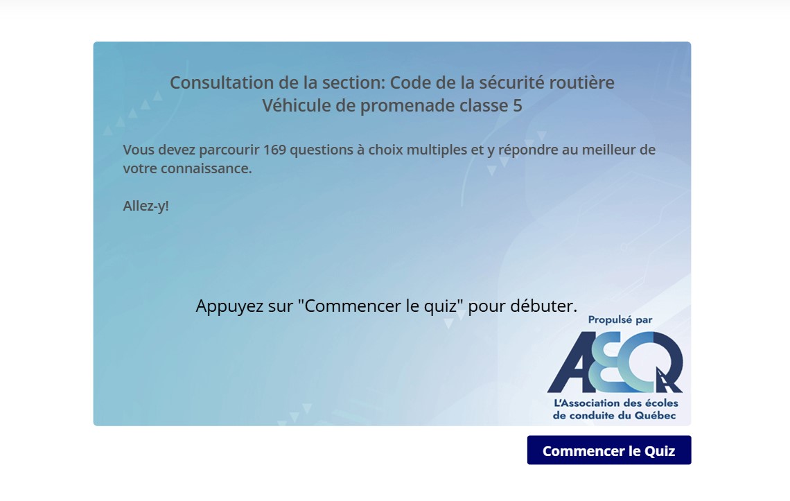 Écran d’introduction d’une section de questions Classe 5